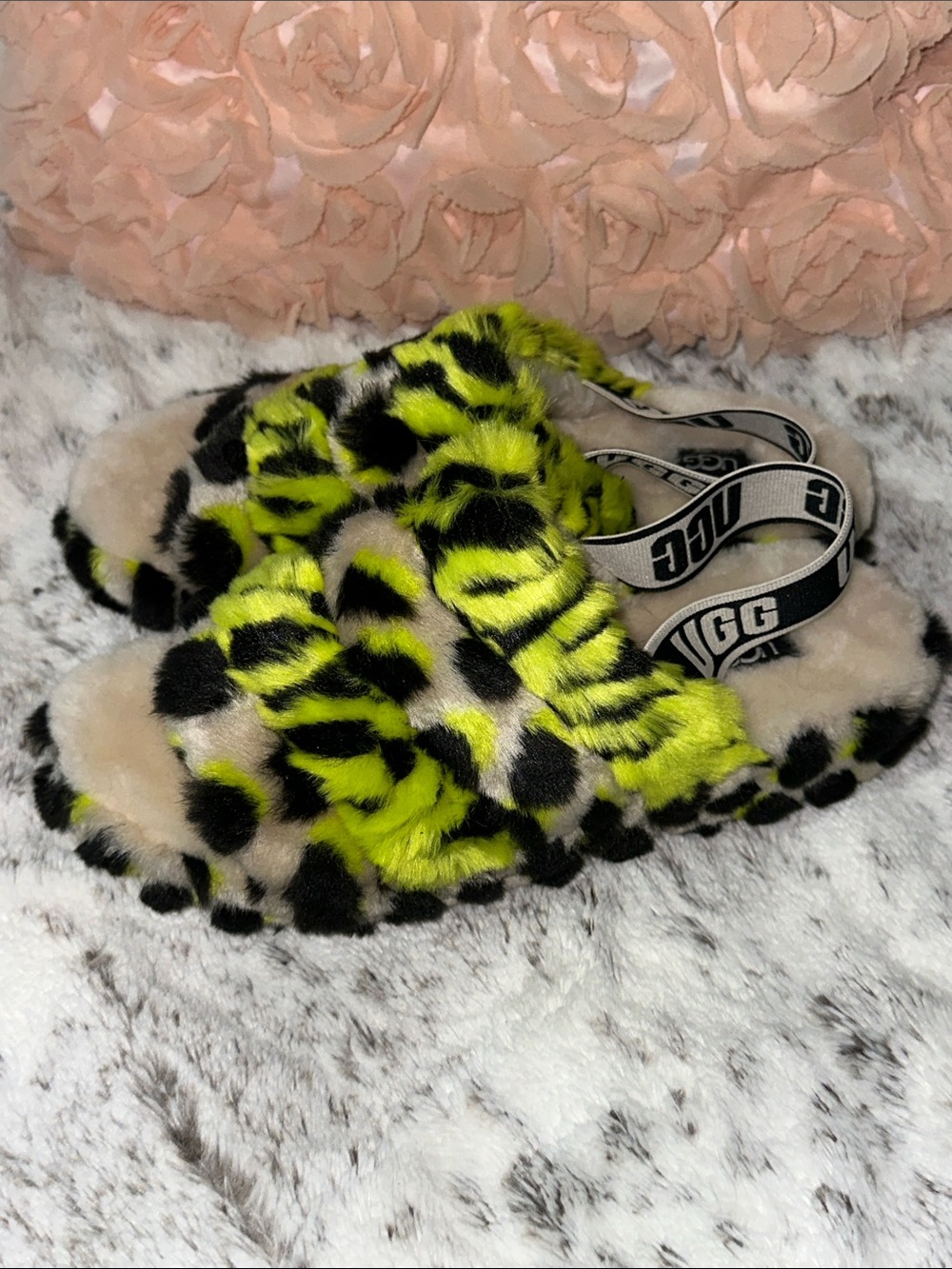 UGG Neon Yellow and Black Leopard Faux Fur Slide Sandals